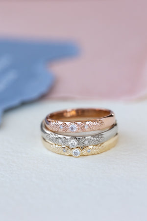 White gold wedding band with three diamonds, wreath ring - Eden Garden Jewelry™