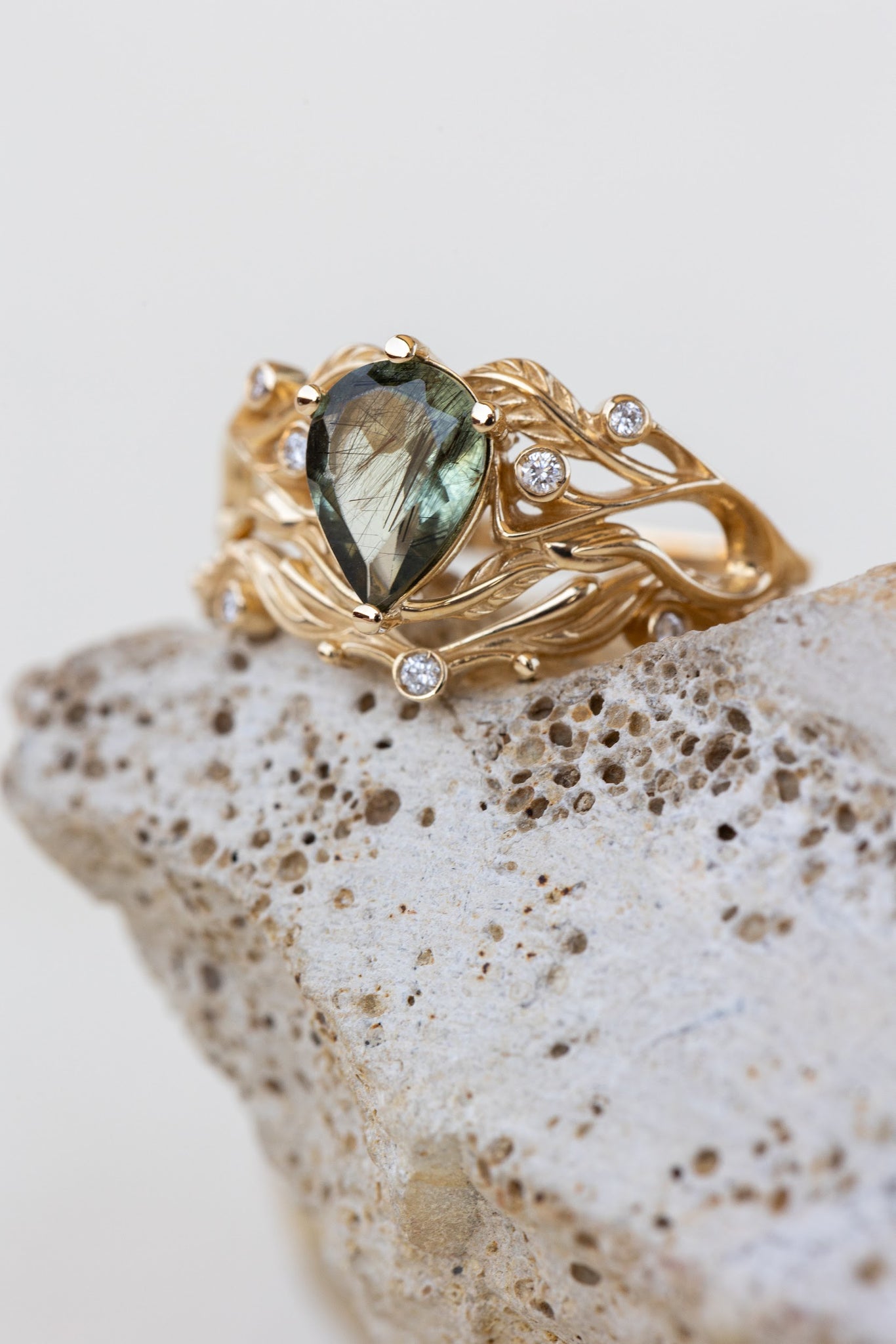 READY TO SHIP: Callisto bridal ring set in 14K yellow gold, unique rutile peridot and accent lab grown diamonds, RING SIZE 6.5 US