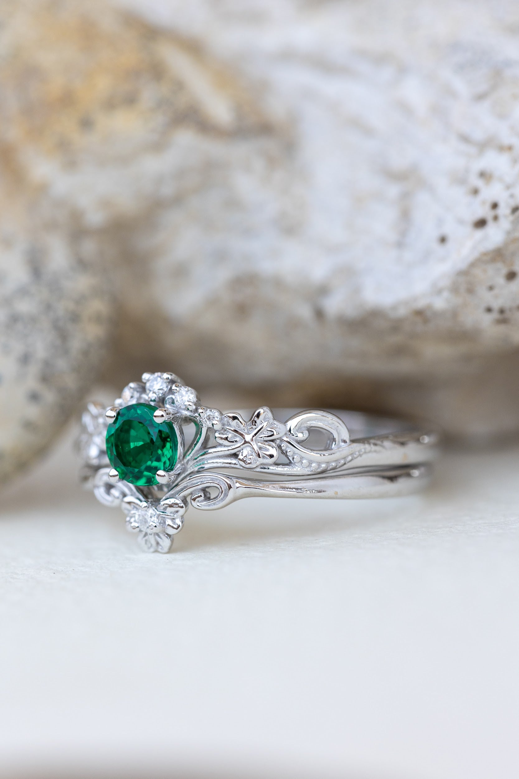 Lab created emerald engagement ring, celtic proposal ring with diamonds / Horta - Eden Garden Jewelry™