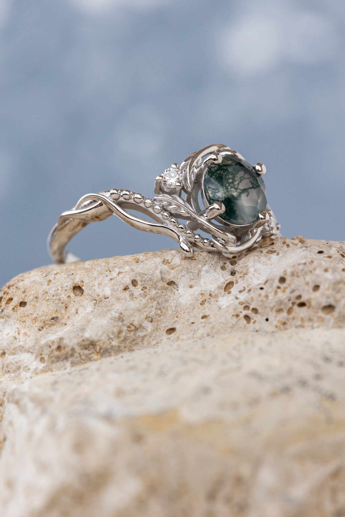 Natural moss agate engagement ring with accent diamonds, nature themed proposal gold ring with diamonds  / Undina - Eden Garden Jewelry™