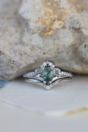 One of a kind moss agate bridal ring set, gold stacking engagement and wedding rings / Amelia - Eden Garden Jewelry™