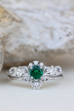2 Carat Emerald Engagement Ring Set Unique 14K Yellow Gold Rings Emerald  Bridal Set Filigree Engagement Rings - Camellia Jewelry