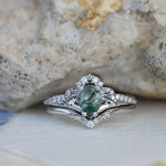 One of a kind moss agate bridal ring set, gold stacking engagement and wedding rings / Amelia - Eden Garden Jewelry™