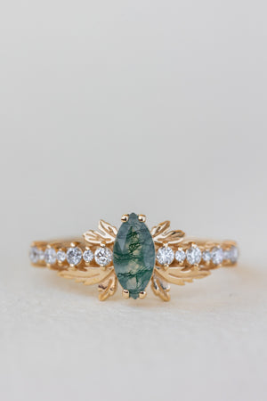 Natural moss agate engagement ring with diamonds, nature inspired gold leaf ring / Verbena