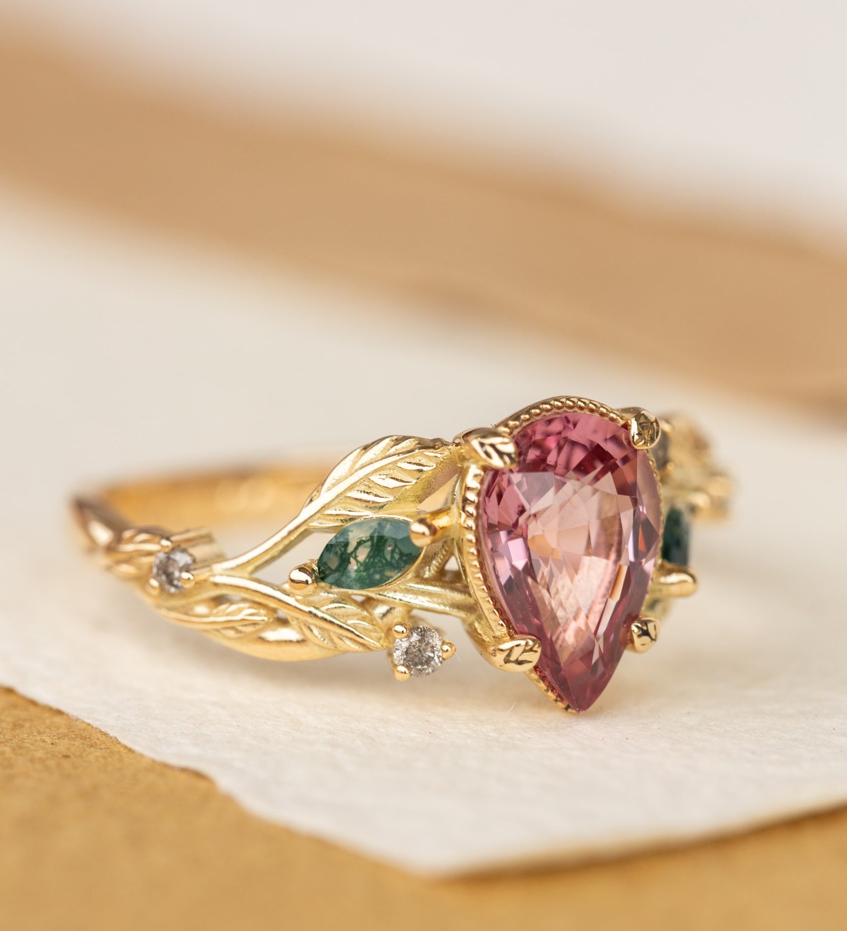 Pink spinel nature themed engagement ring with moss agates and salt and pepper diamonds / Patricia - Eden Garden Jewelry™