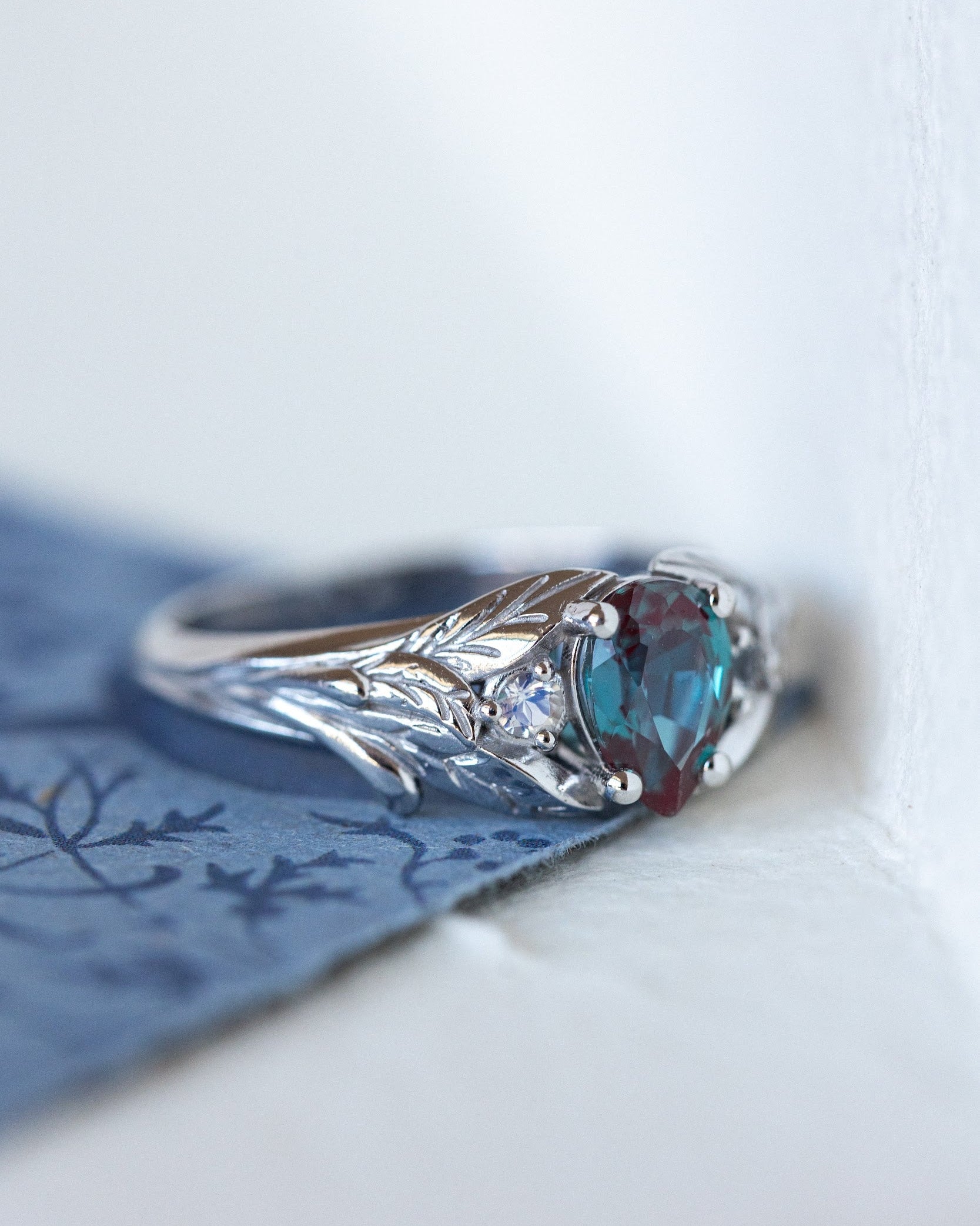 Colour changing alexandrite engagement ring, gold twig ring with side moonstones / Wisteria - Eden Garden Jewelry™