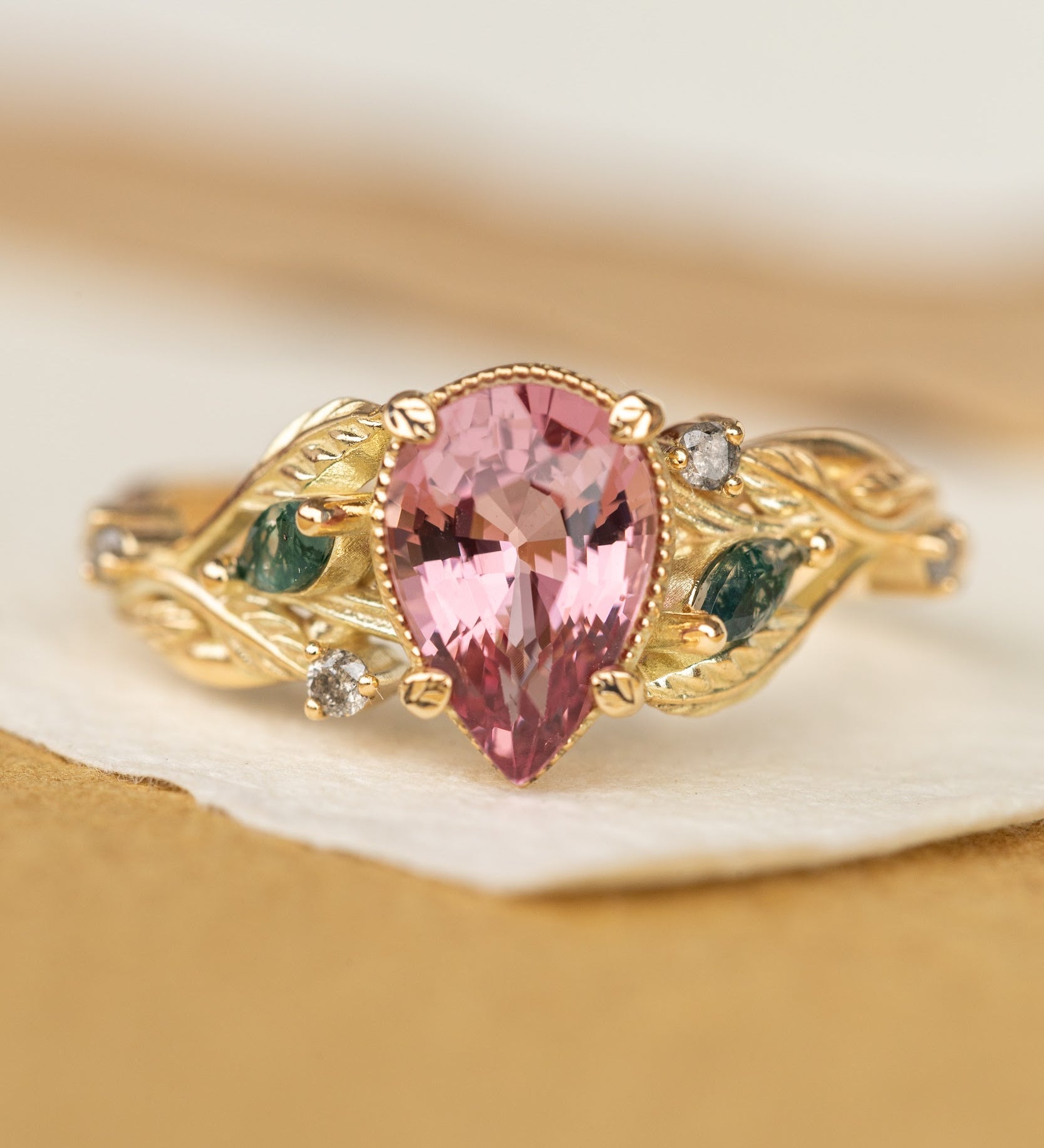 Pink spinel nature themed engagement ring with moss agates and salt and pepper diamonds / Patricia - Eden Garden Jewelry™