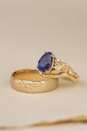 Wedding rings set for couple: satin wedding band for him, Patricia ring set with lab blue sapphire for her - Eden Garden Jewelry™
