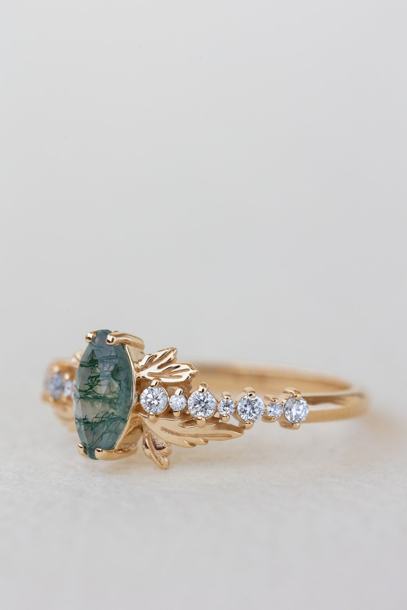 READY TO SHIP: Verbena ring in 18K yellow gold, natural moss agate marquise cut 8x4 mm, accents lab grown diamonds, RING SIZE: 7 US