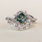 White gold bridal ring set with round moss agate and accent diamonds / Undina - Eden Garden Jewelry™