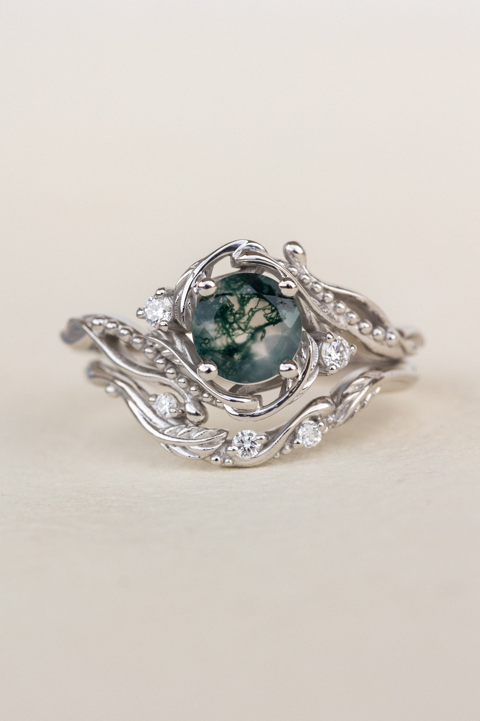 White gold bridal ring set with round moss agate and accent diamonds / Undina - Eden Garden Jewelry™