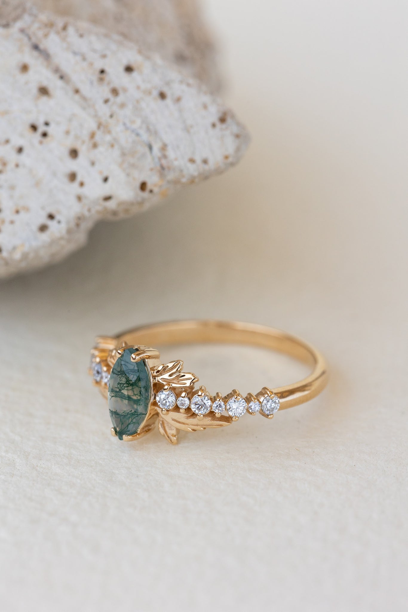 READY TO SHIP: Verbena ring in 18K yellow gold, natural moss agate marquise cut 8x4 mm, accents lab grown diamonds, RING SIZE: 7 US