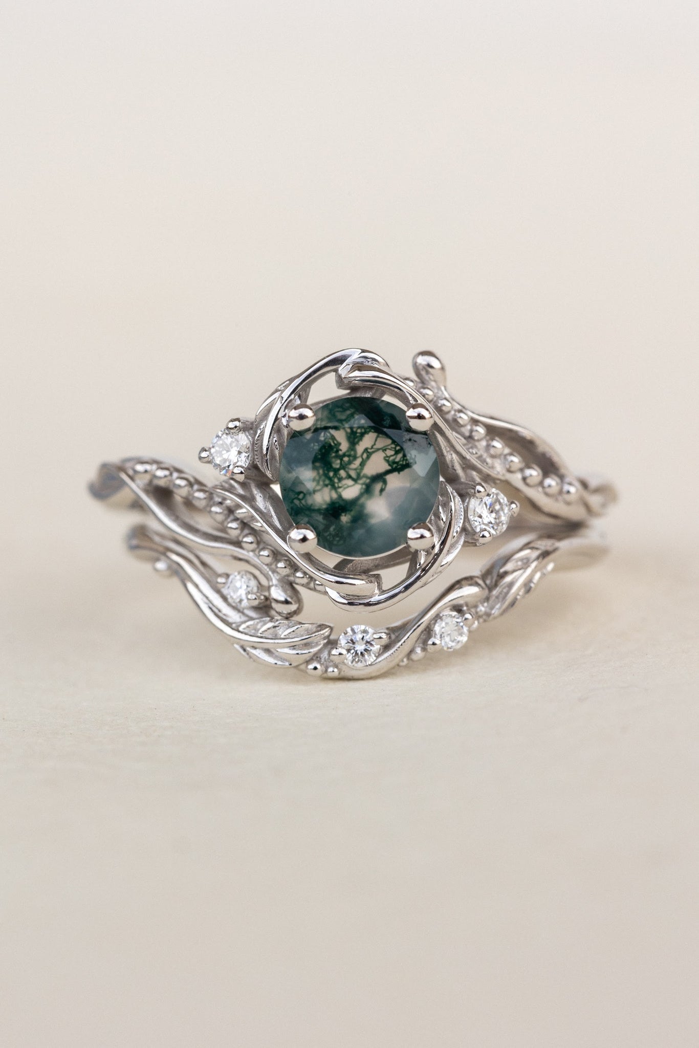 Natural moss agate engagement ring with accent diamonds, nature themed proposal gold ring with diamonds  / Undina - Eden Garden Jewelry™