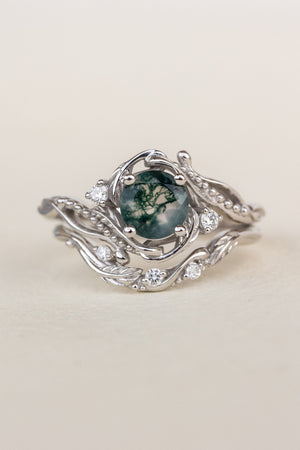 Gold bridal ring set with natural round moss agate and accent diamonds / Undina - Eden Garden Jewelry™