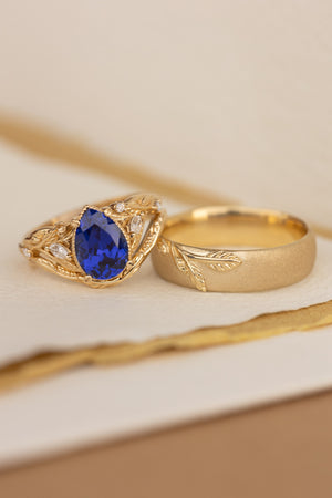 Wedding rings set for couples: satin band with branch for him, simple curved twig ring for her - Eden Garden Jewelry™