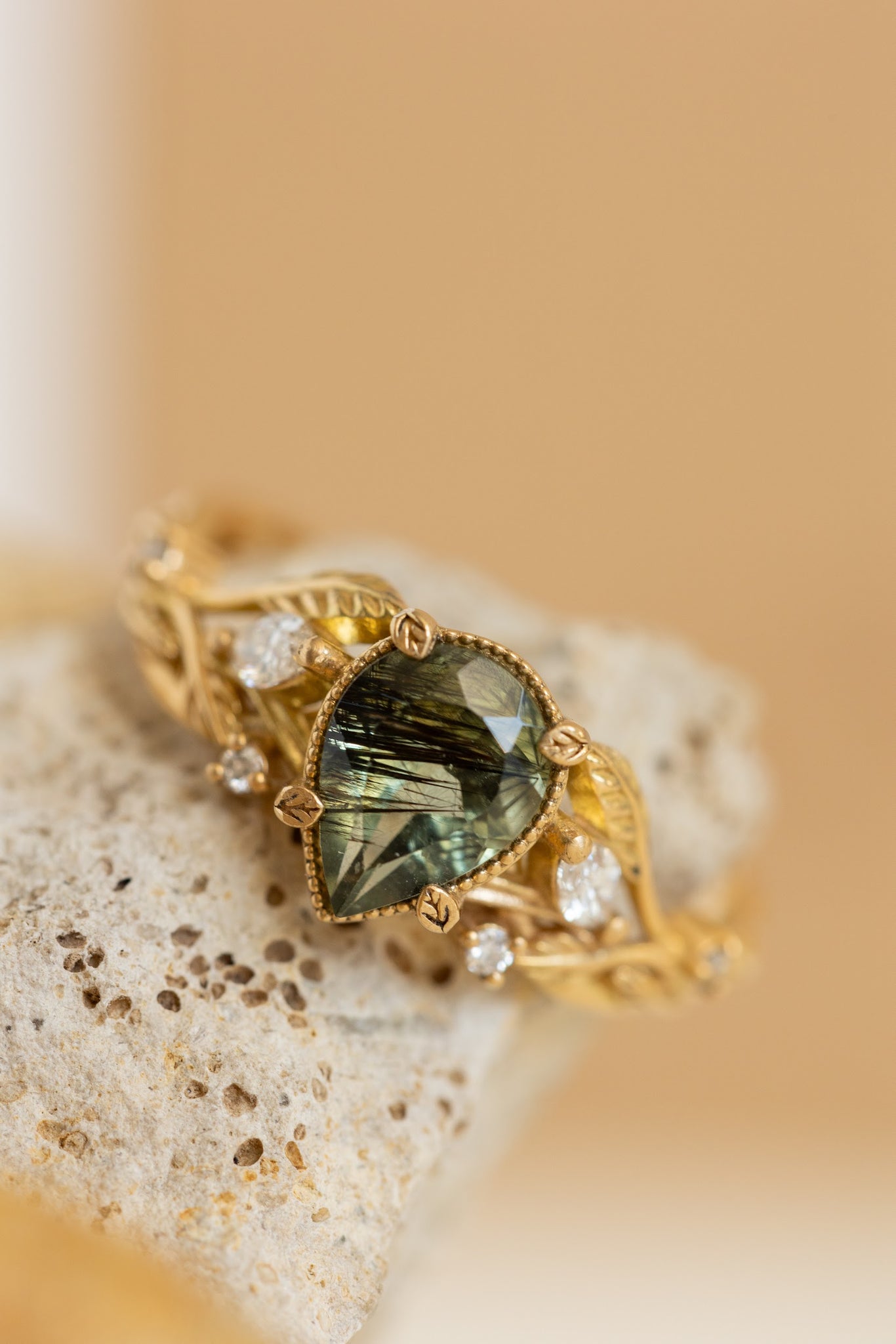Patricia ring in 14K yellow gold, natural rutile peridot,  pear cut 8x6 mm - Eden Garden Jewelry™