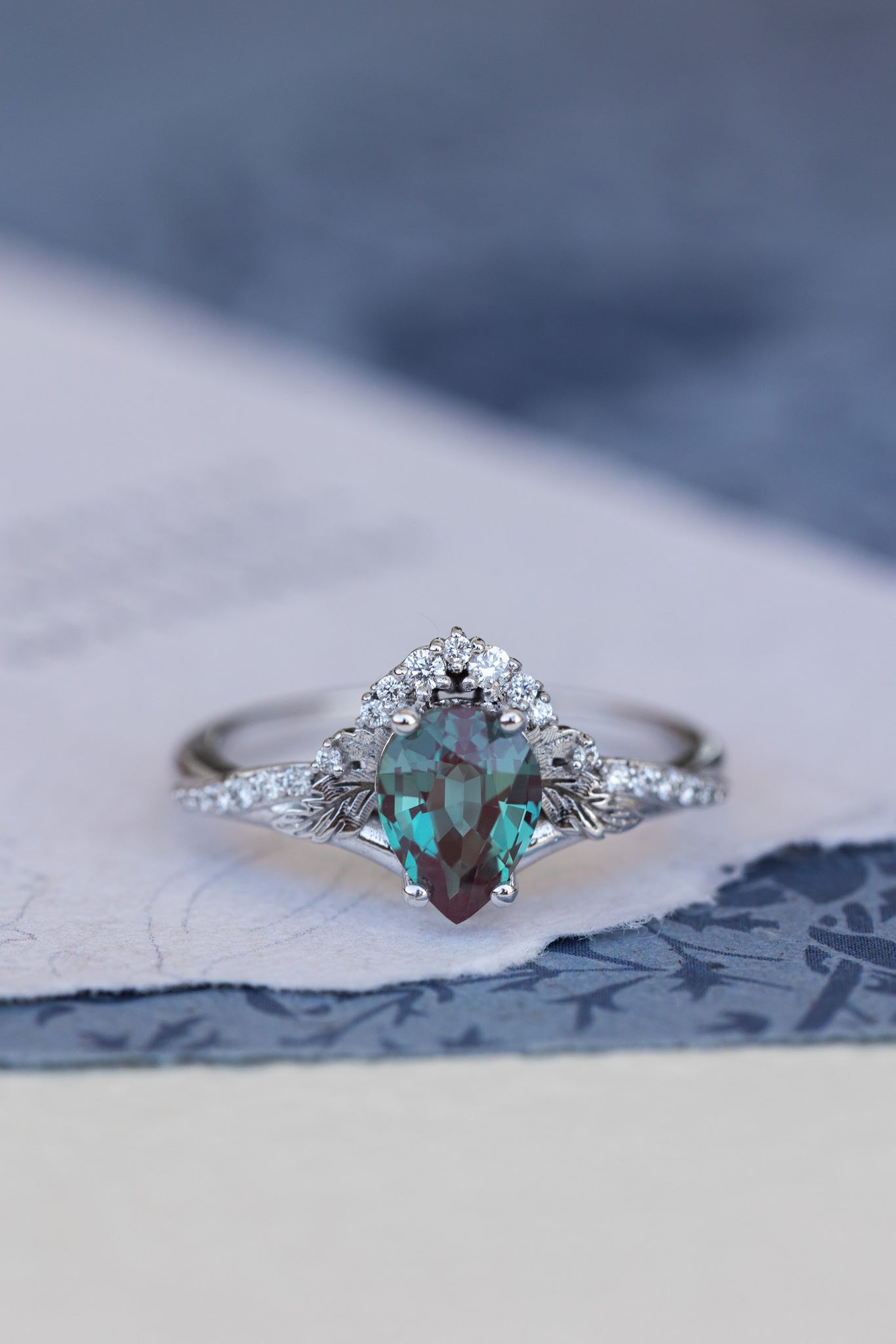 Pear lab alexandrite engagement ring, nature inspired proposal ring with accent diamonds / Amelia - Eden Garden Jewelry™