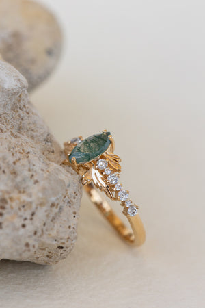 READY TO SHIP: Verbena ring in 18K yellow gold, natural moss agate marquise cut 8x4 mm, accents lab grown diamonds, RING SIZE: 7 US