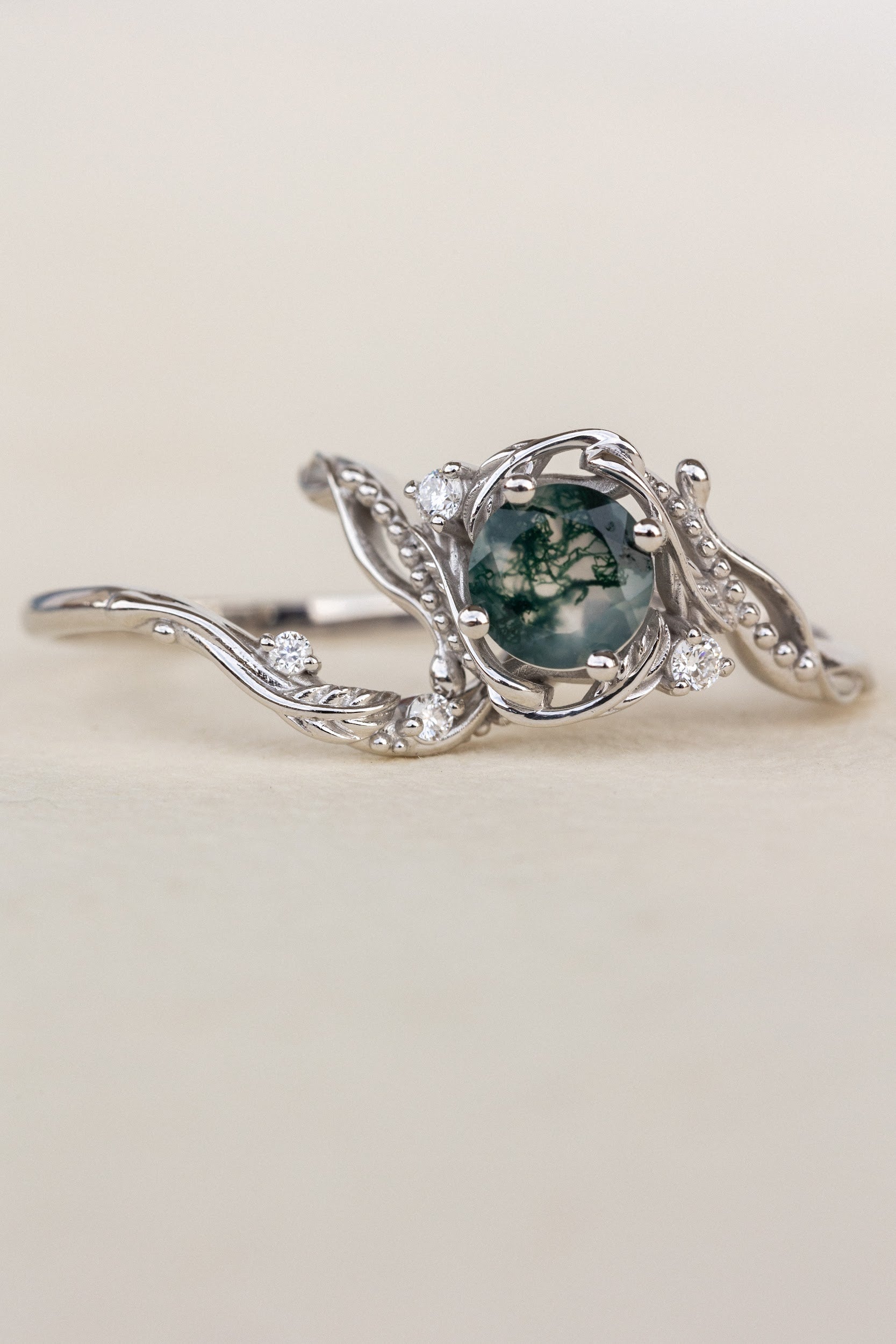 READY TO SHIP: Hypnotic Undina with round moss agate bridal ring set in ...