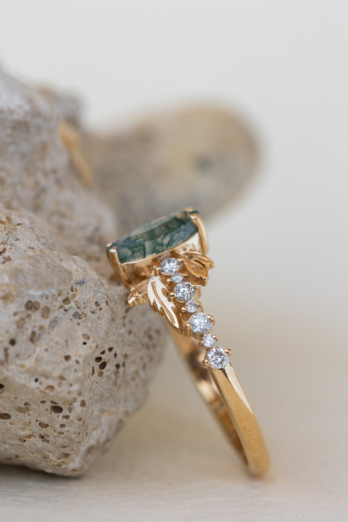 READY TO SHIP: Verbena ring in 18K yellow gold, natural moss agate marquise cut 8x4 mm, accents lab grown diamonds, RING SIZE: 7 US