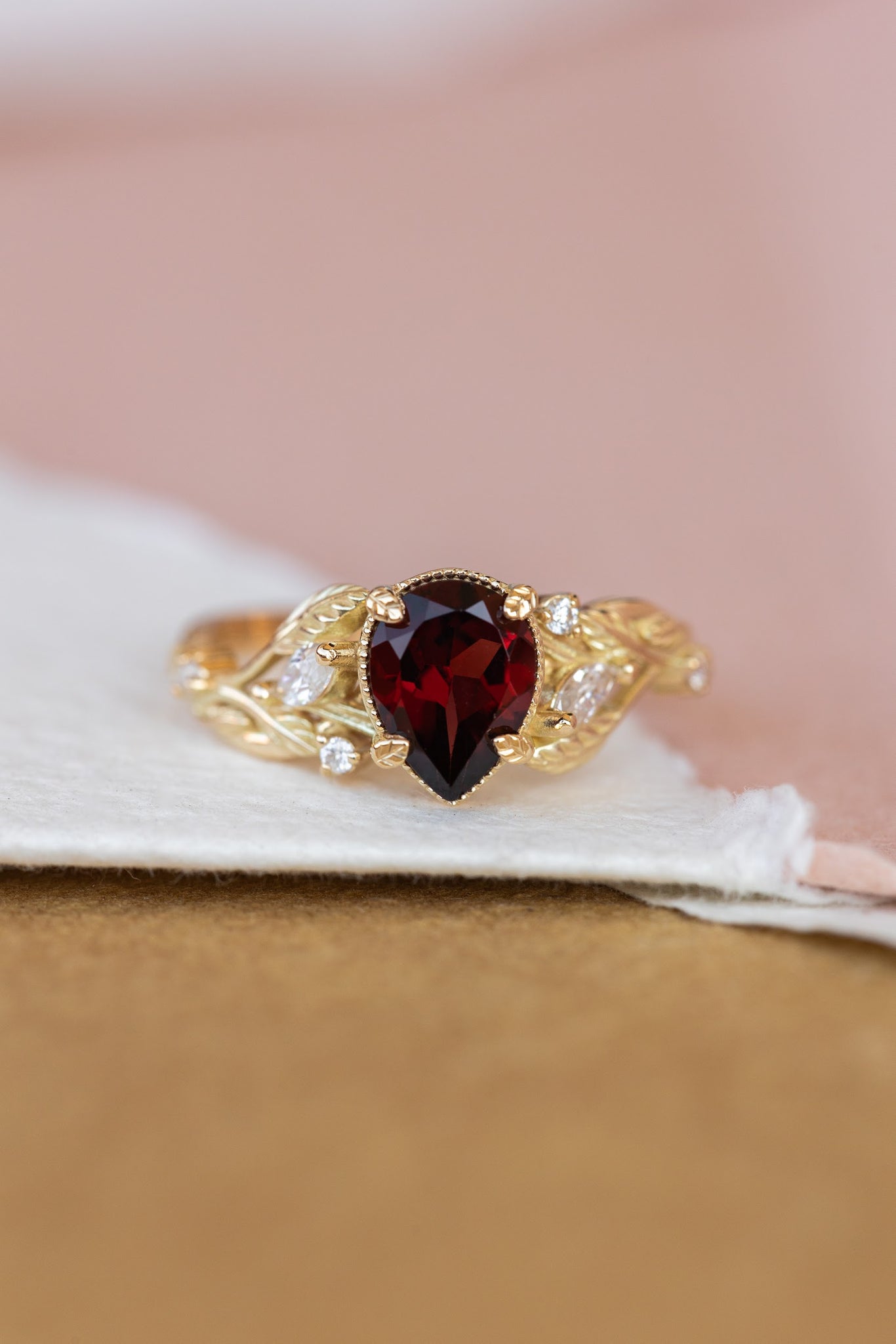 Garnet and diamonds engagement ring, gold branch proposal ring / Patricia - Eden Garden Jewelry™