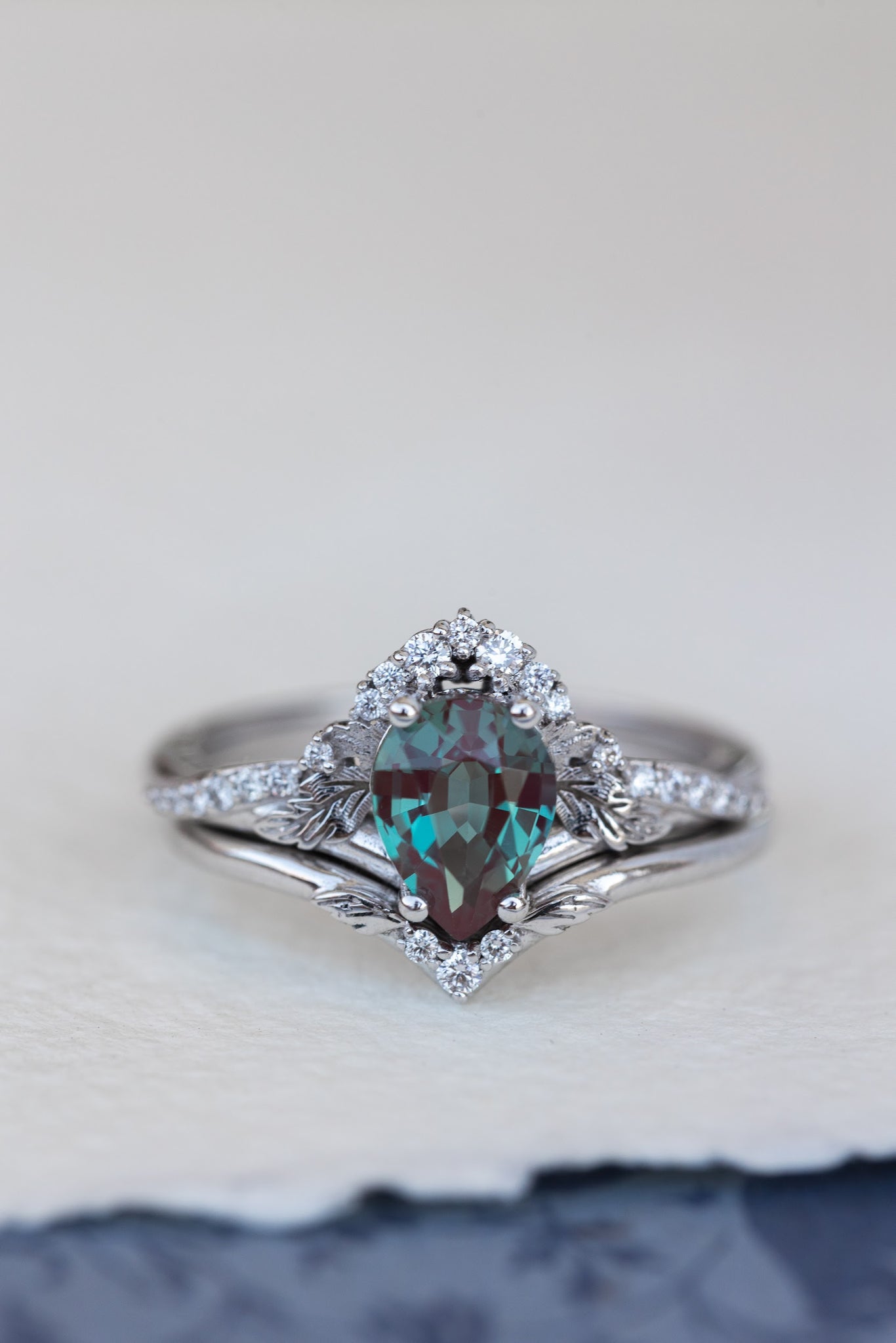 Pear lab alexandrite engagement ring, nature inspired proposal ring with accent diamonds / Amelia - Eden Garden Jewelry™