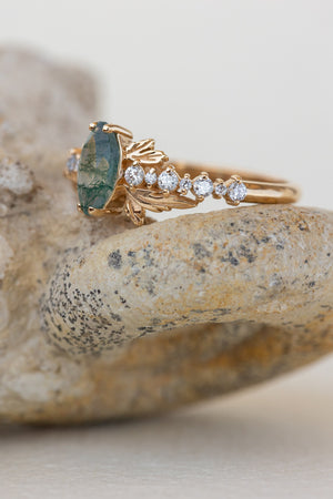 READY TO SHIP: Verbena ring in 18K yellow gold, natural moss agate marquise cut 8x4 mm, accents lab grown diamonds, RING SIZE: 7 US