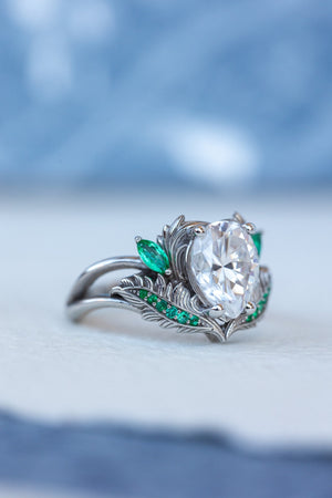 Pear moissanite engagement ring, nature inspired gold ring with accent emeralds / Adonis - Eden Garden Jewelry™