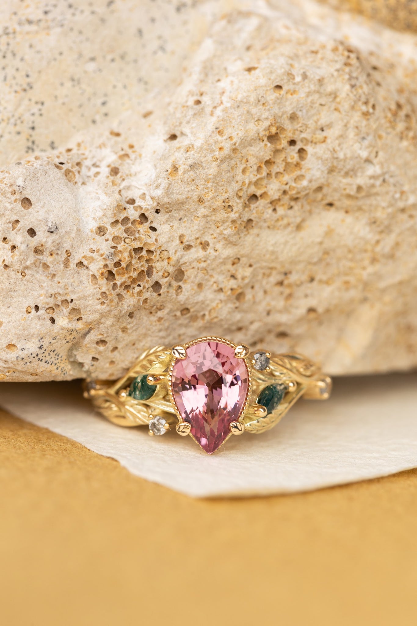 Pink spinel nature themed engagement ring with moss agates and salt and pepper diamonds / Patricia - Eden Garden Jewelry™