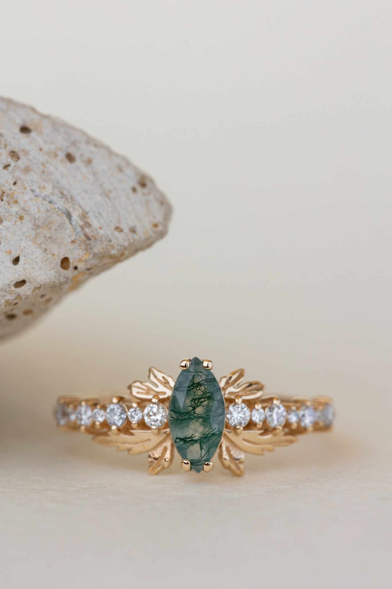 READY TO SHIP: Verbena ring in 18K yellow gold, natural moss agate marquise cut 8x4 mm, accents lab grown diamonds, RING SIZE: 7 US