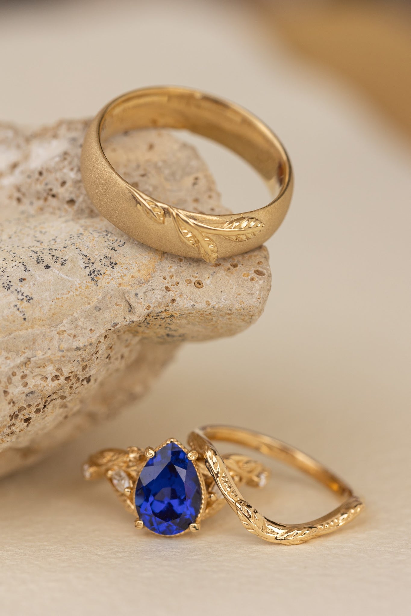 Wedding rings set for couple: satin wedding band for him, Patricia ring set with lab blue sapphire for her - Eden Garden Jewelry™