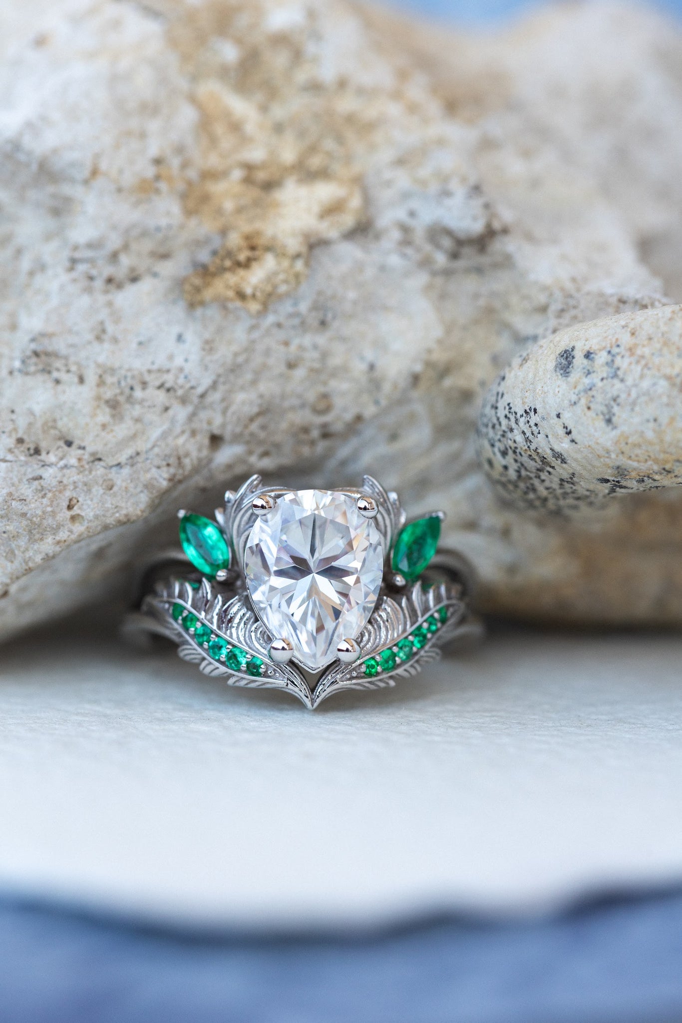 Moissanite and emeralds engagement ring set, gorgeous white gold bridal ring set / Adonis - Eden Garden Jewelry™
