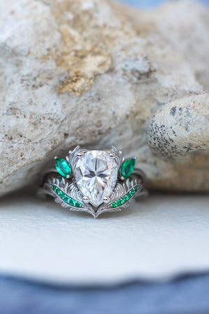 Moissanite and emeralds engagement ring set, gorgeous white gold bridal ring set / Adonis - Eden Garden Jewelry™
