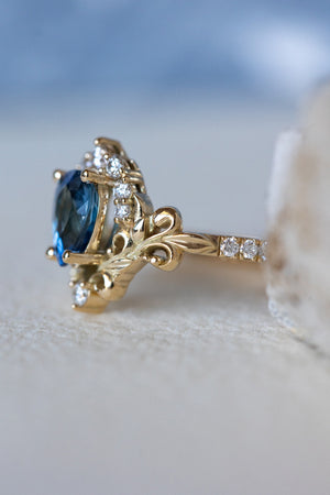 Natural blue sapphire engagement ring, baroque inspired gold ring with diamonds / Sophie - Eden Garden Jewelry™