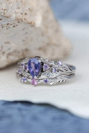 Opalescent purple sapphires bridal ring set, white gold branch stacking rings / Japanese Maple - Eden Garden Jewelry™