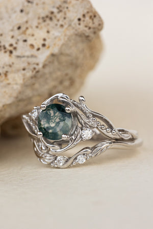 White gold bridal ring set with round moss agate and accent diamonds / Undina - Eden Garden Jewelry™