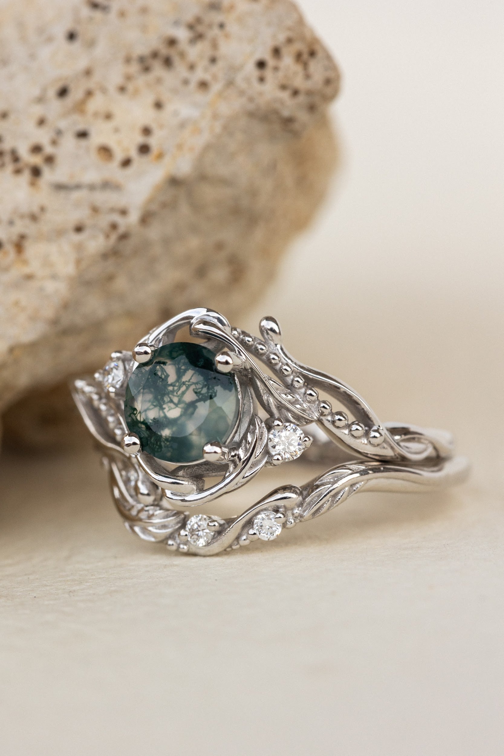 READY TO SHIP: Hypnotic Undina with round moss agate bridal ring set in ...