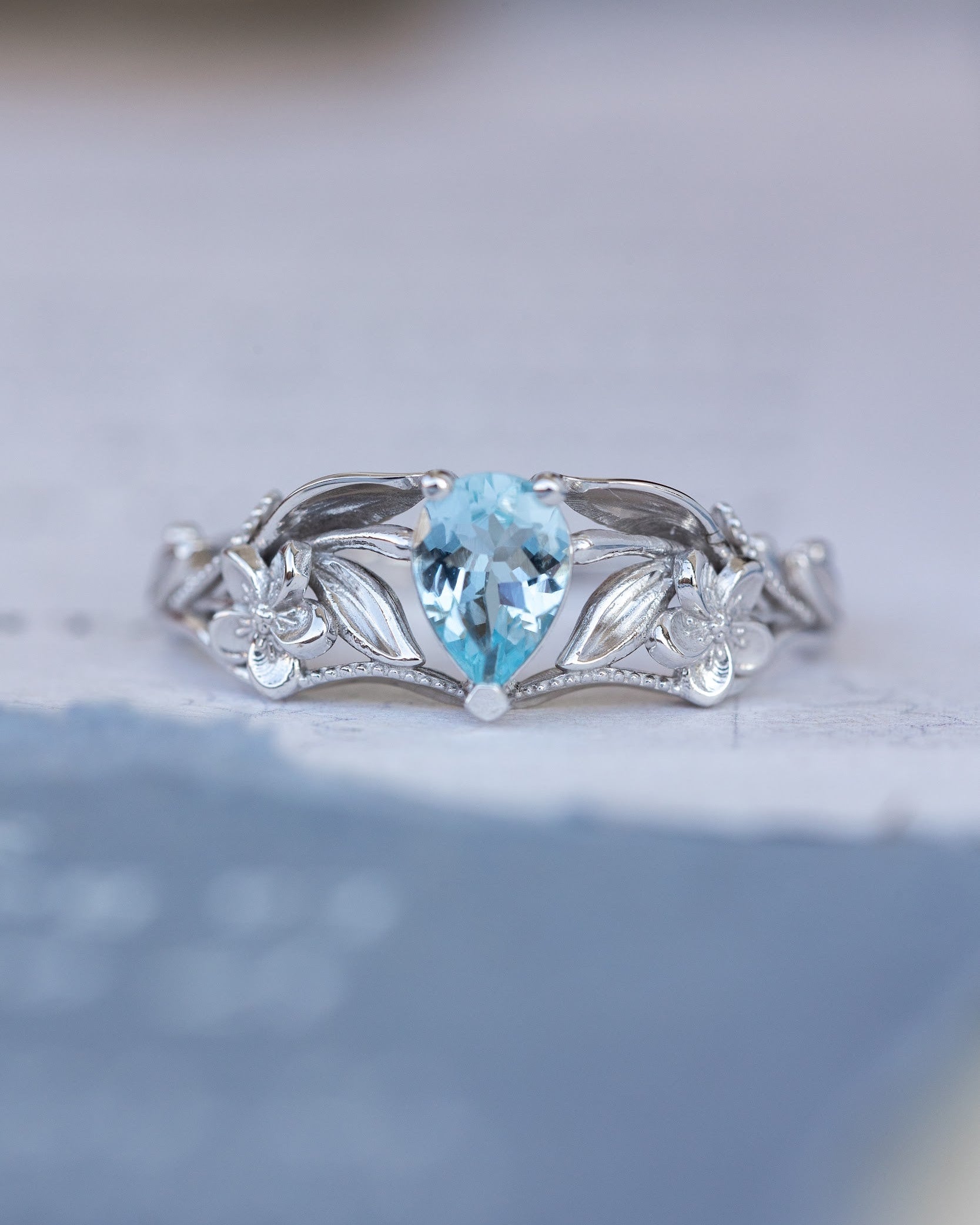 Gold flower engagement ring with natural aquamarine, art nouveau proposal ring / Eloise - Eden Garden Jewelry™