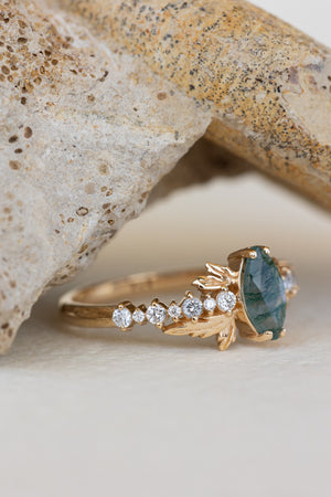 READY TO SHIP: Verbena ring in 18K yellow gold, natural moss agate marquise cut 8x4 mm, accents lab grown diamonds, RING SIZE: 7 US