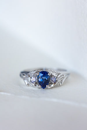 Ethical sapphire engagement ring, gold nature themed ring with side natural tanzanites / Wisteria - Eden Garden Jewelry™