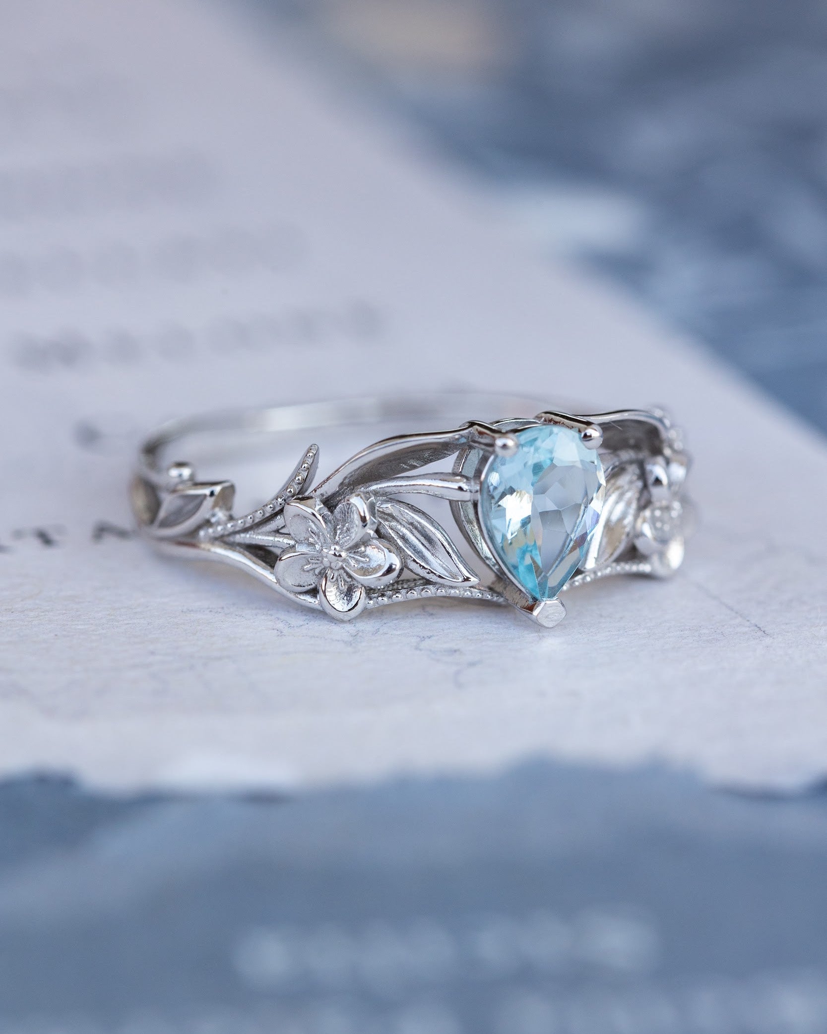 Gold flower engagement ring with natural aquamarine, art nouveau proposal ring / Eloise - Eden Garden Jewelry™