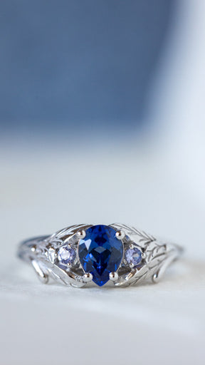 Ethical sapphire engagement ring, gold nature themed ring with side natural tanzanites / Wisteria - Eden Garden Jewelry™