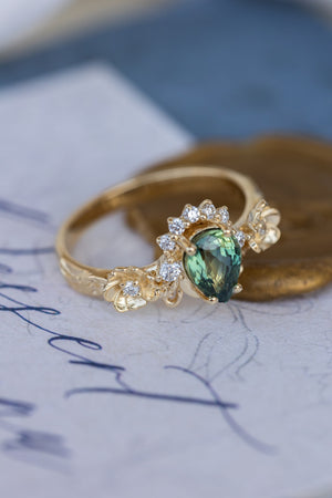 Green sapphire engagement ring with accent diamonds, flower style gold promise ring / Adelina - Eden Garden Jewelry™