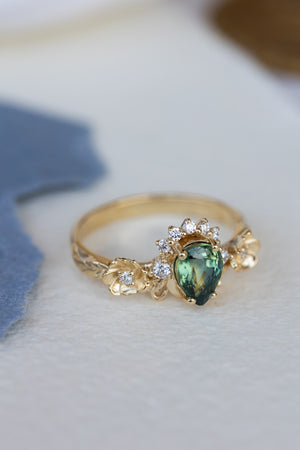 Green sapphire engagement ring with accent diamonds, flower style gold promise ring / Adelina - Eden Garden Jewelry™