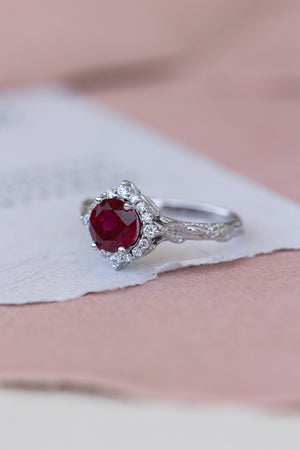 Halo engagement ring with 1.5 carat lab ruby, white gold leaf engagement ring  / Florentina - Eden Garden Jewelry™