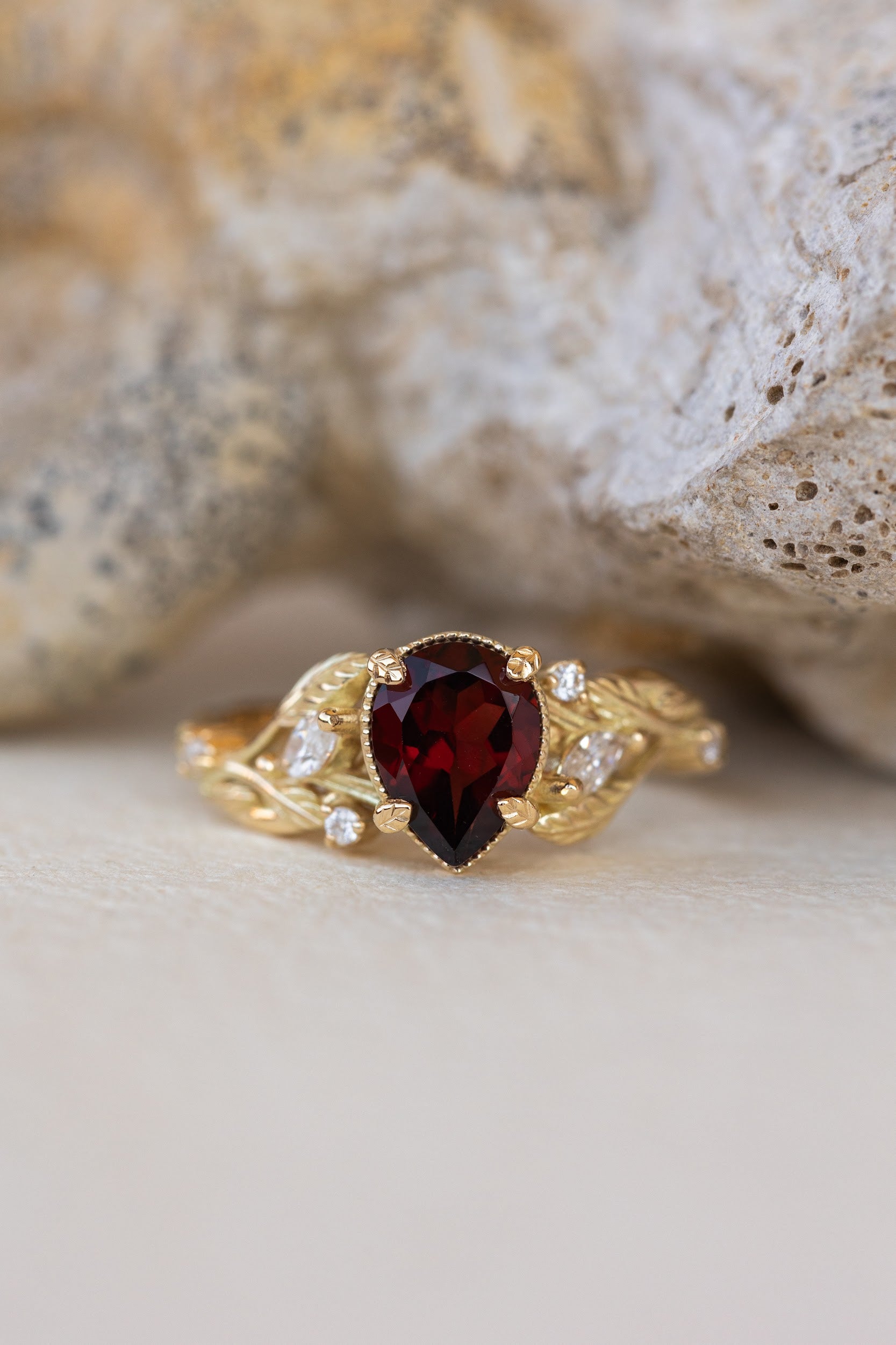 Garnet and diamonds engagement ring, gold branch proposal ring / Patricia - Eden Garden Jewelry™