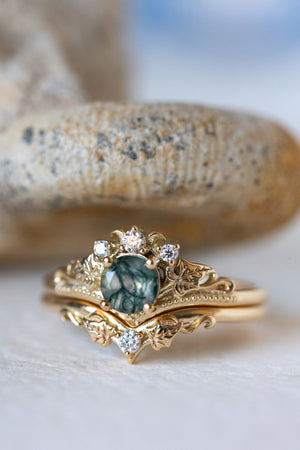READY TO SHIP: Ariadne bridal ring set in 14K or 18K yellow gold, natural moss agate 5 mm, accents moissanites, AVAILABLE RING SIZES: 5-11US - Eden Garden Jewelry™