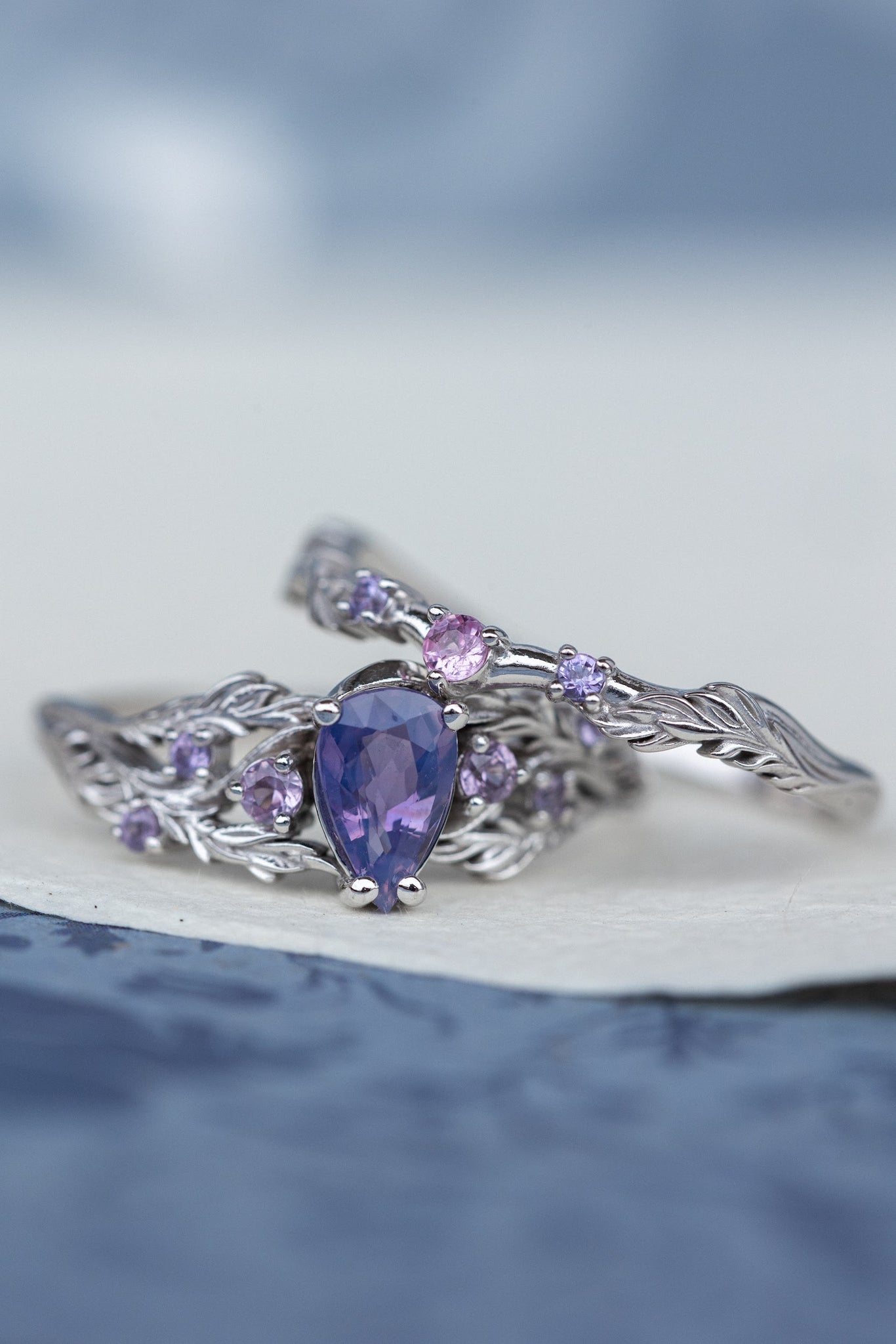 Nature inspired opalescent purple sapphire engagement ring, gold vines and leaves ring with sapphires / Japanese Maple - Eden Garden Jewelry™