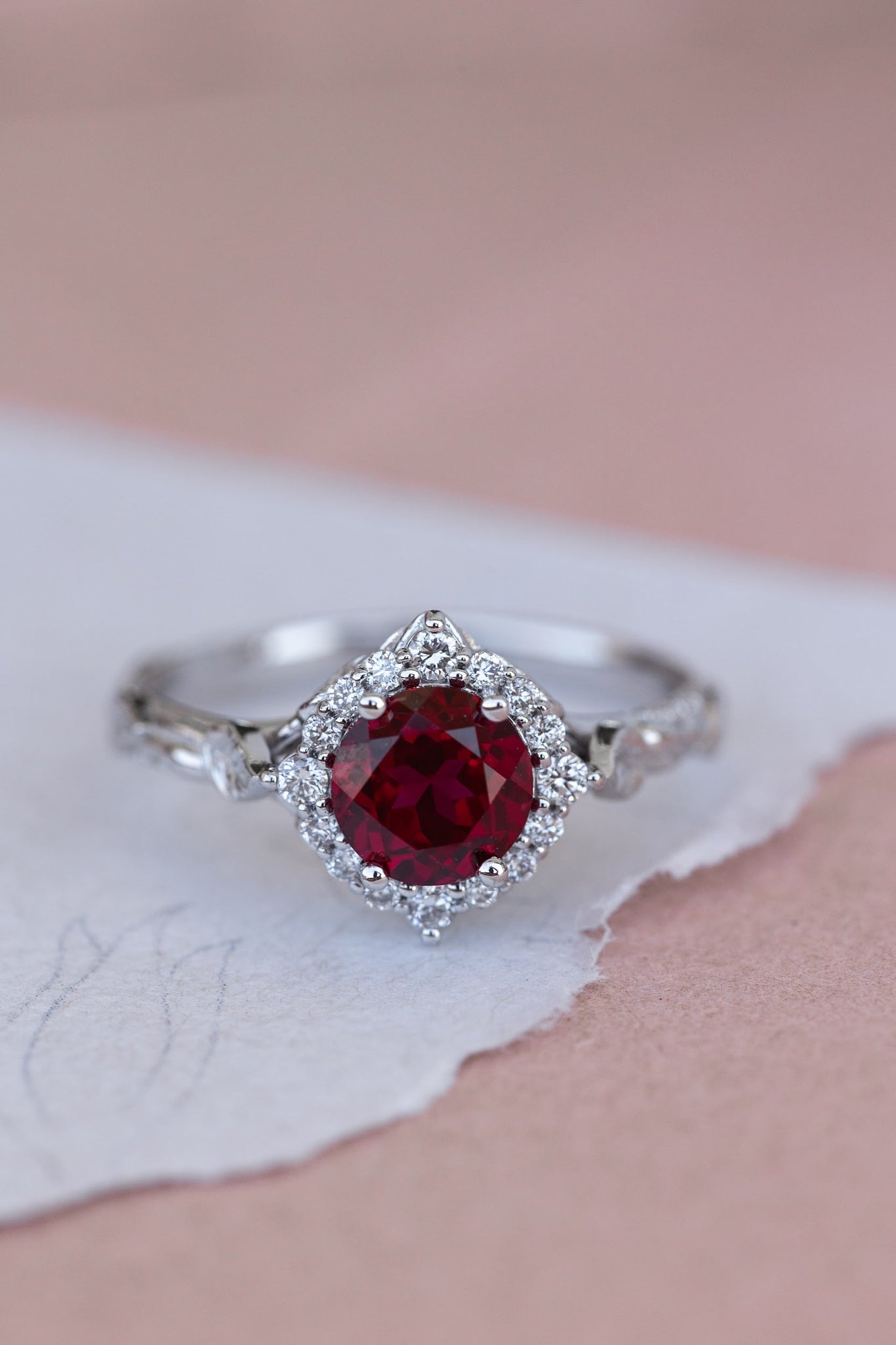 Lab ruby and diamond halo bridal ring set, nature inspired white gold stacking rings / Florentina - Eden Garden Jewelry™