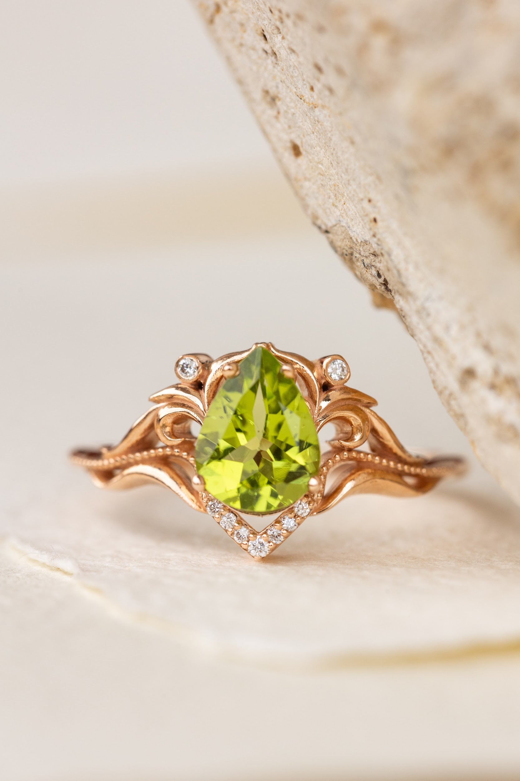 Vintage Inspired Gold Ring With Peridot and Diamonds Elvish Ring